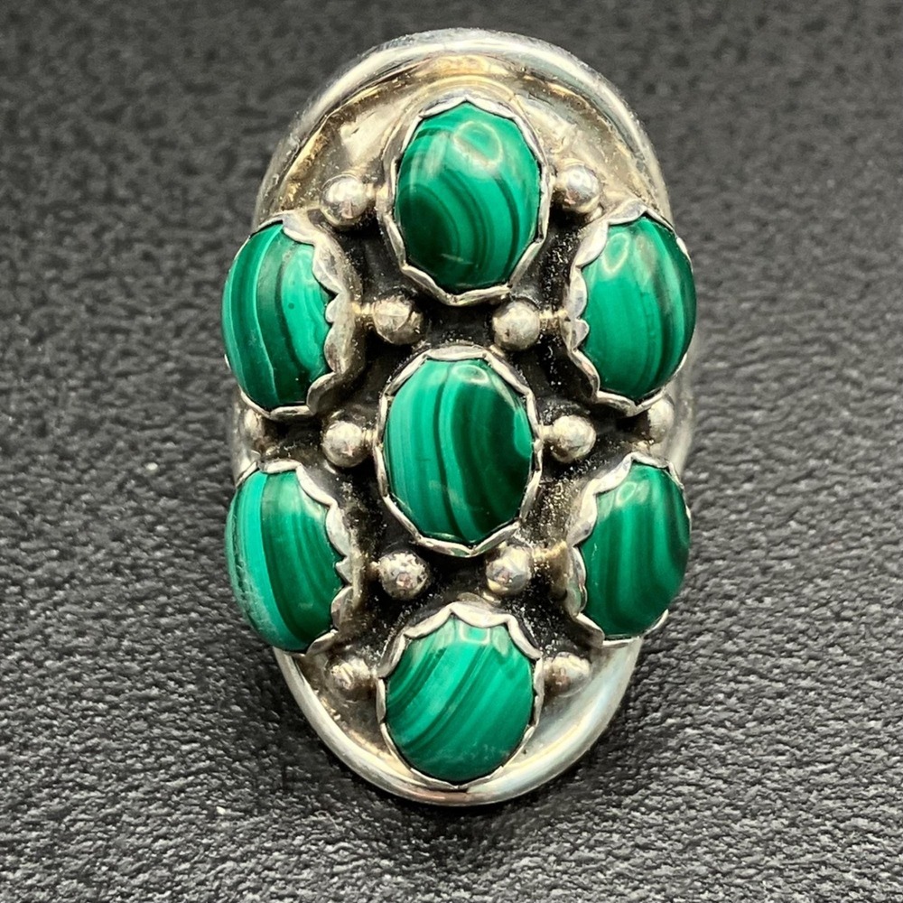 Large Sterling Silver Malachite Cluster Ring Size 8 Statement Ring